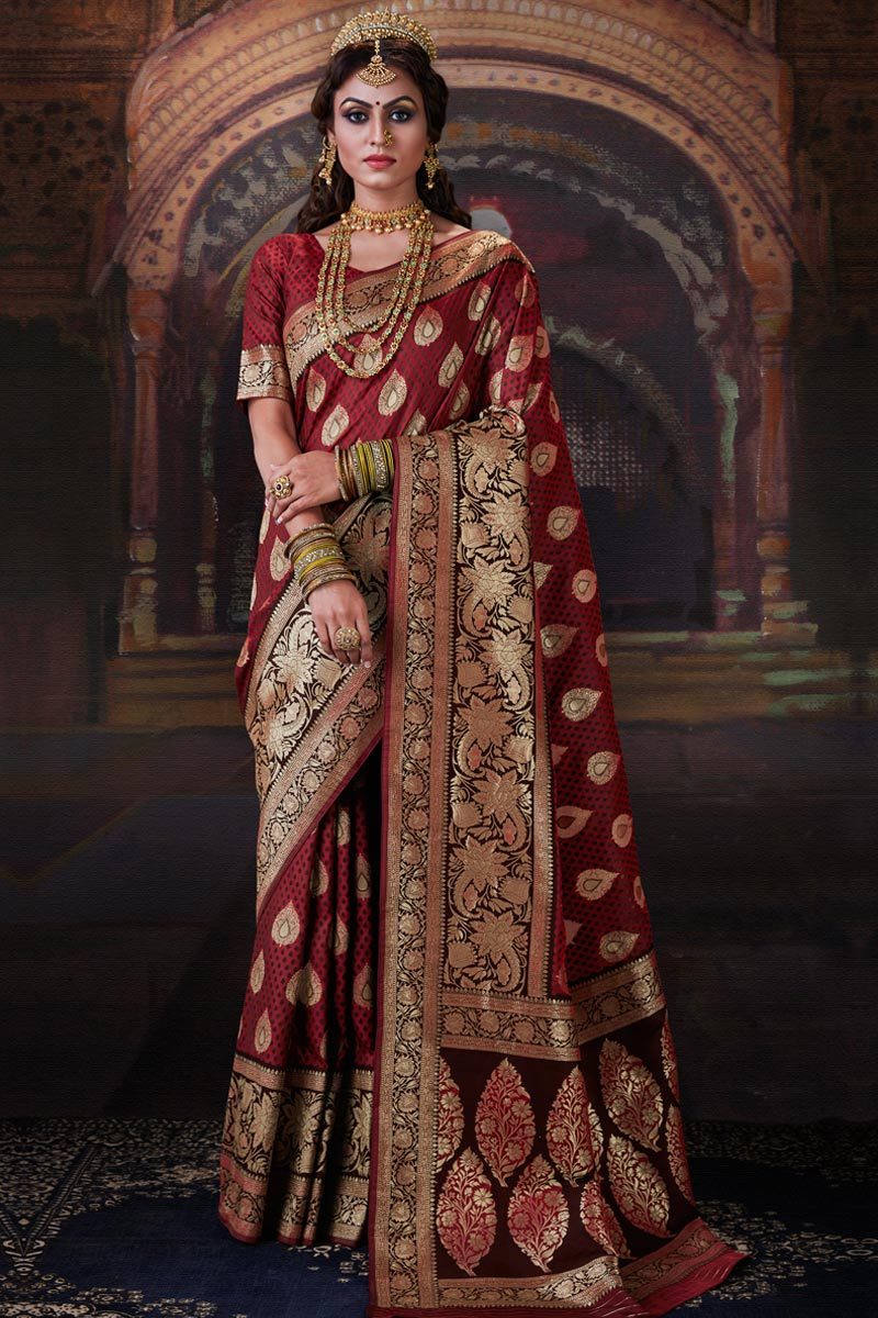 Maroon banarasi saree with blouse Clearance