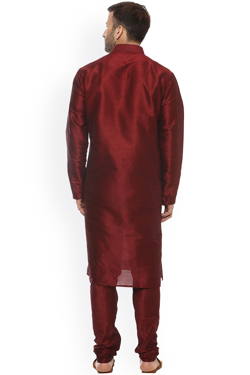 Indian Men's Kurta Pajama Maroon Dupion Silk Plain Set Diwali Wear