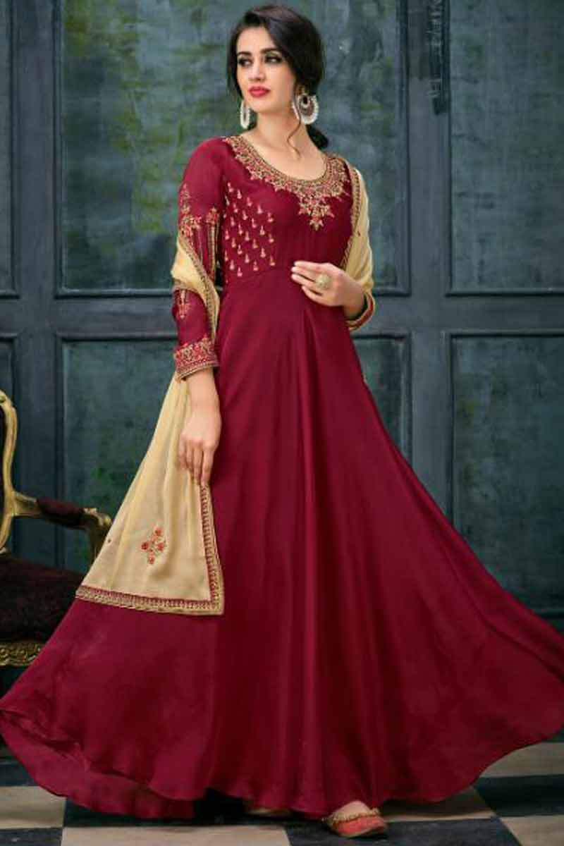 Women maroon georgette thread sequence anarkali suit main image 1