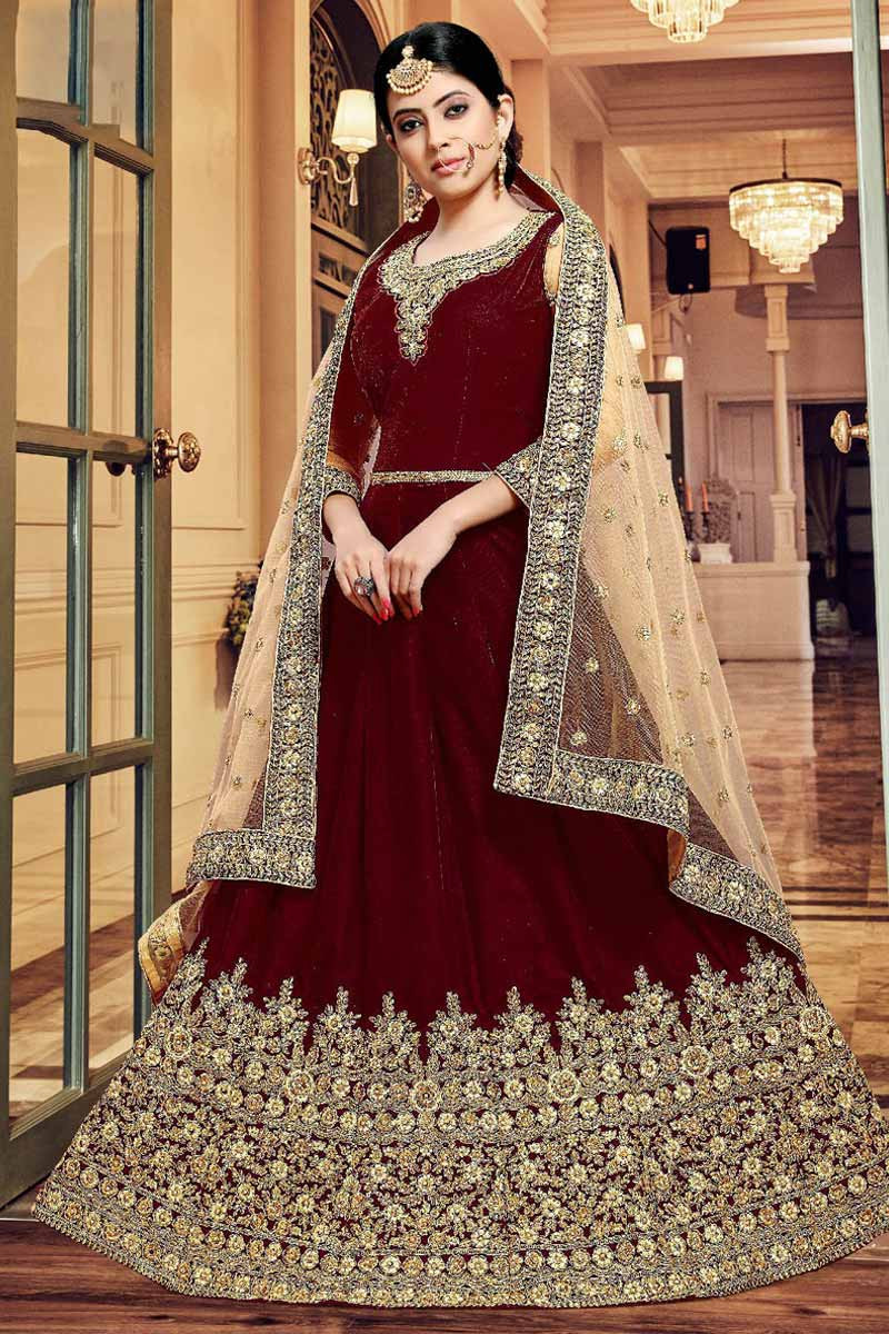 maroon velvet anarkali