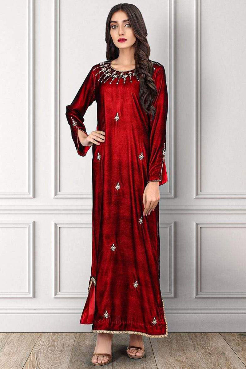 Maroon velvet embroidery work gown  Velvet dress designs Velvet pakistani  dress Velvet dresses outfit