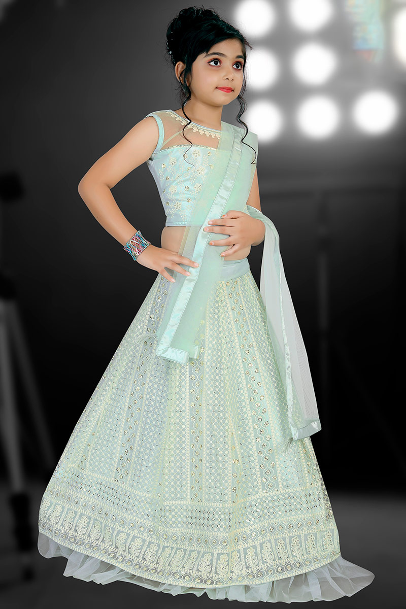 Cheap Fashion Thread Embroidered Mint Blue Lehenga LLCV112394