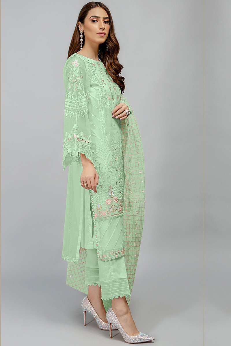 Wedding Collection Mint Green Organza Straight Cut Trouser Suit For Eid
