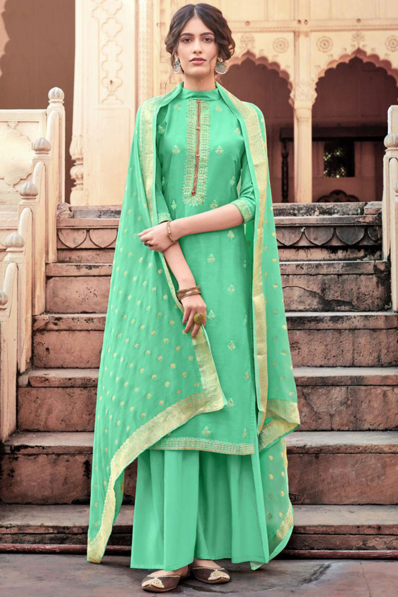 Shop Online Zari Embroidered Mint Green Palazzo Suit LSTV07469