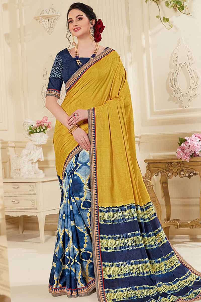 yellow saree with navy blue blouse