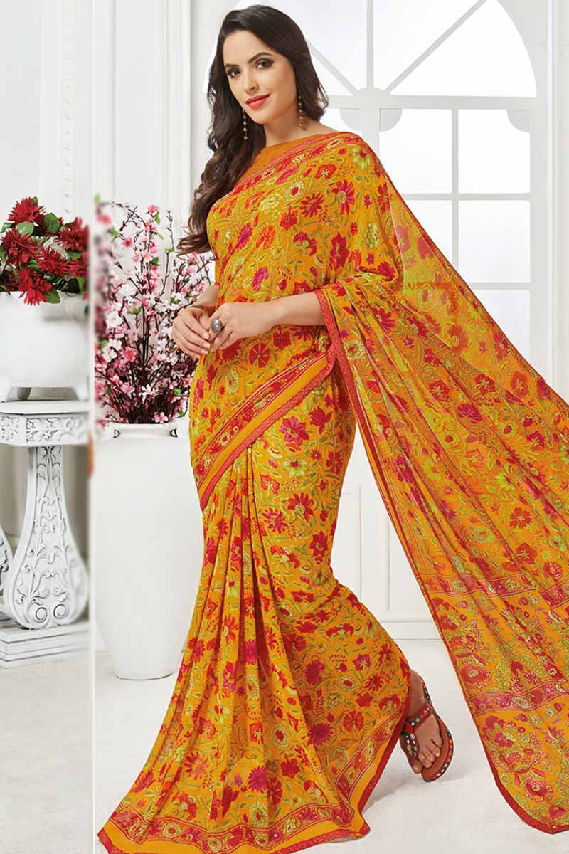 Buy Mustard Yellow Georgette Saree With Georgette Blouse Online Sarv01217 Andaaz Fashion Georgette sarees make a great choice as a party wear clothing for women. mustard yellow georgette saree with georgette blouse