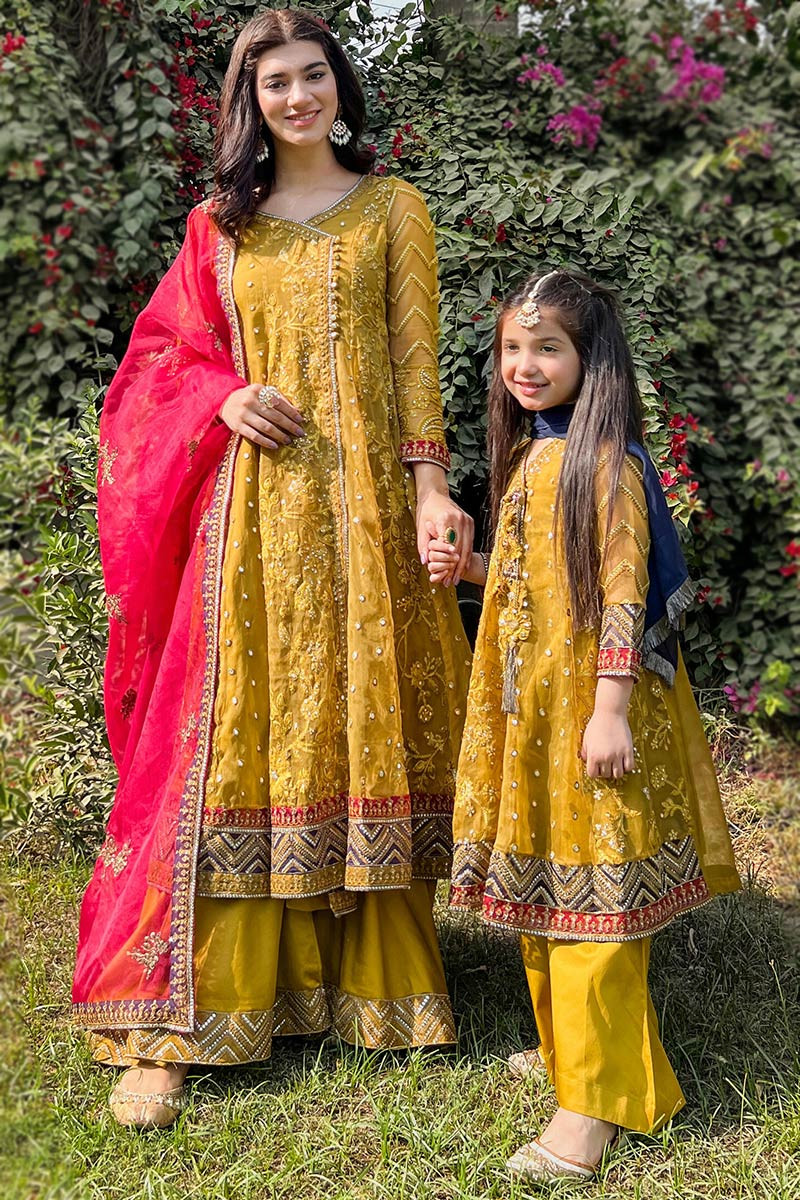 Buy Cheap Indian Suits Organza Mustard Yellow Mother Daughter Duo ...