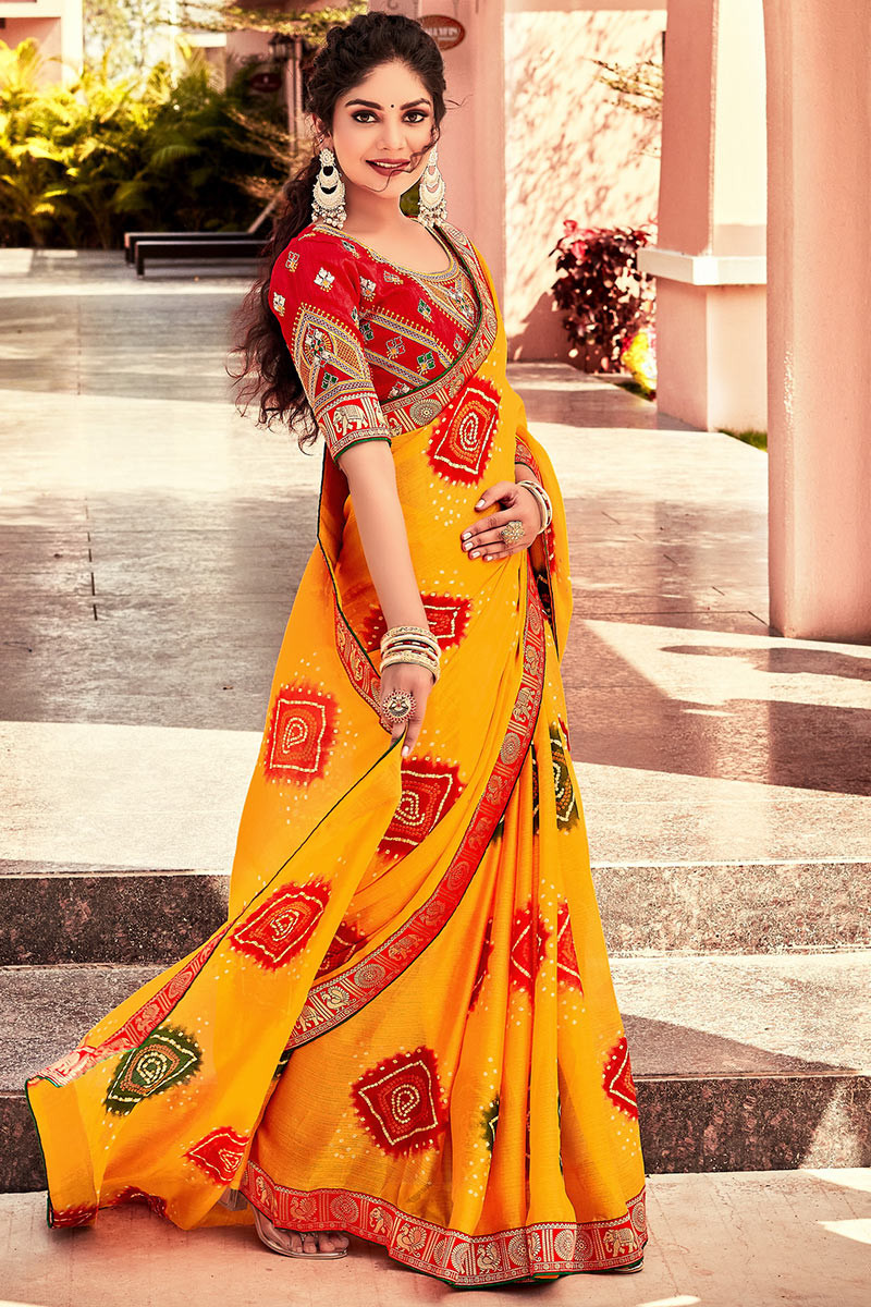 Buy Red Embroidered Bandhej Saree Online in USA with Yellow Blouse – Pure  Elegance