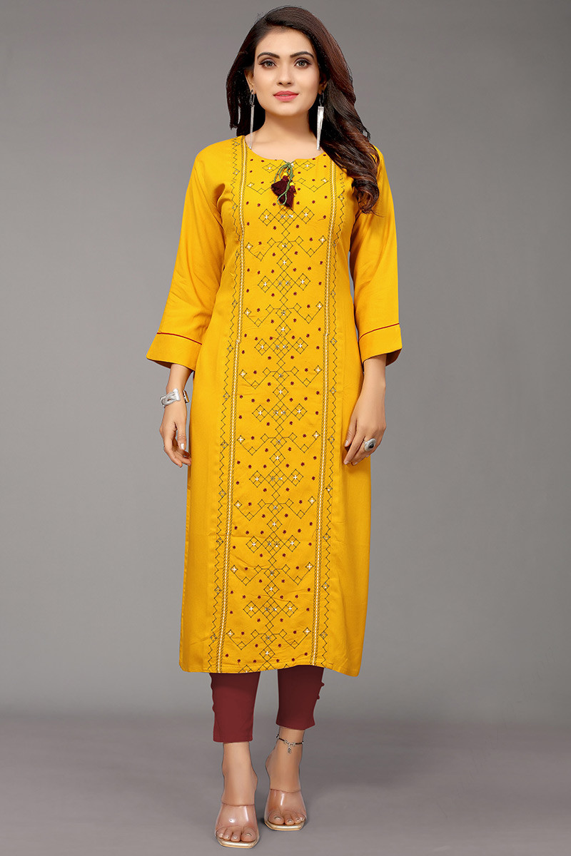 Kashmiri mustard color aari work embroidered kurti with new designer