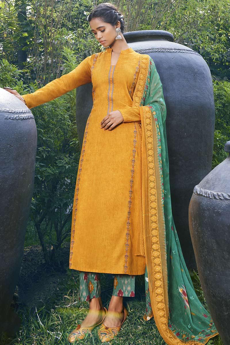 Mustard Yellow Silk Embroidered Suit 