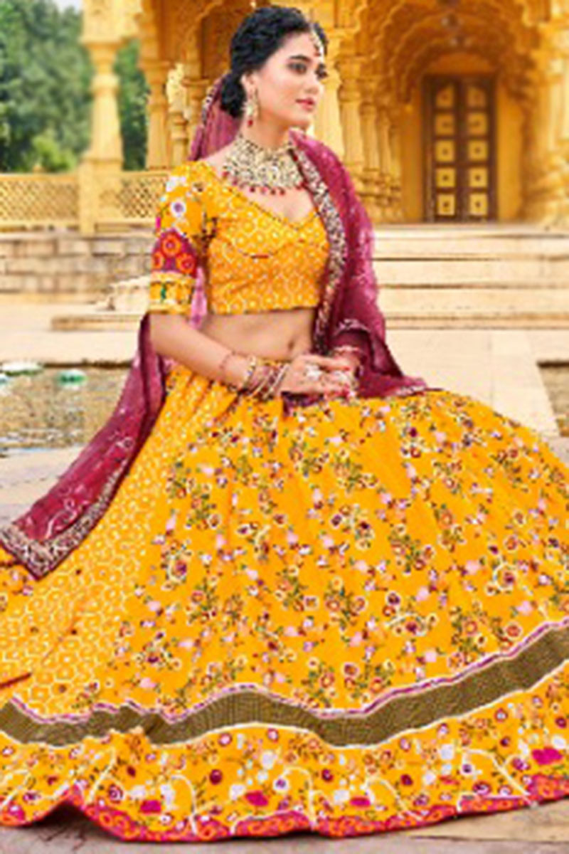 Mustard Yellow Silk Party Wear Lehenga Choli