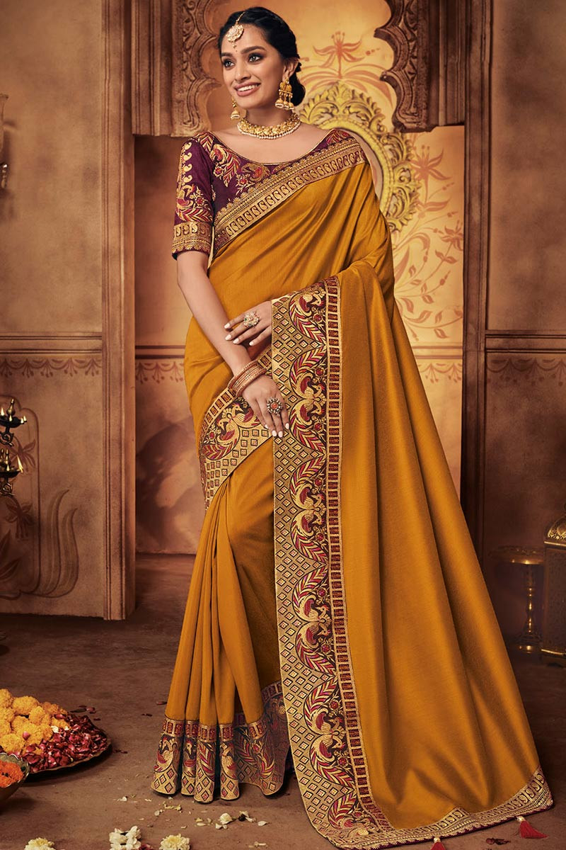 Shop Yellow Kanjivaram Silk Saree Online in USA with Red Zari Border – Pure  Elegance