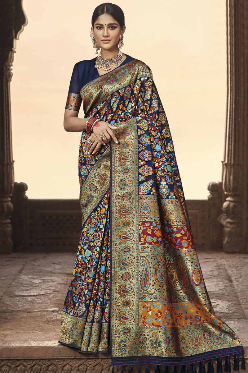 Georgette Party Wear Saree with Embroidered,lace border in Blue - SR23584