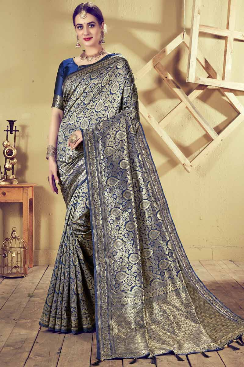 Navy blue banarasi silk saree Clearance