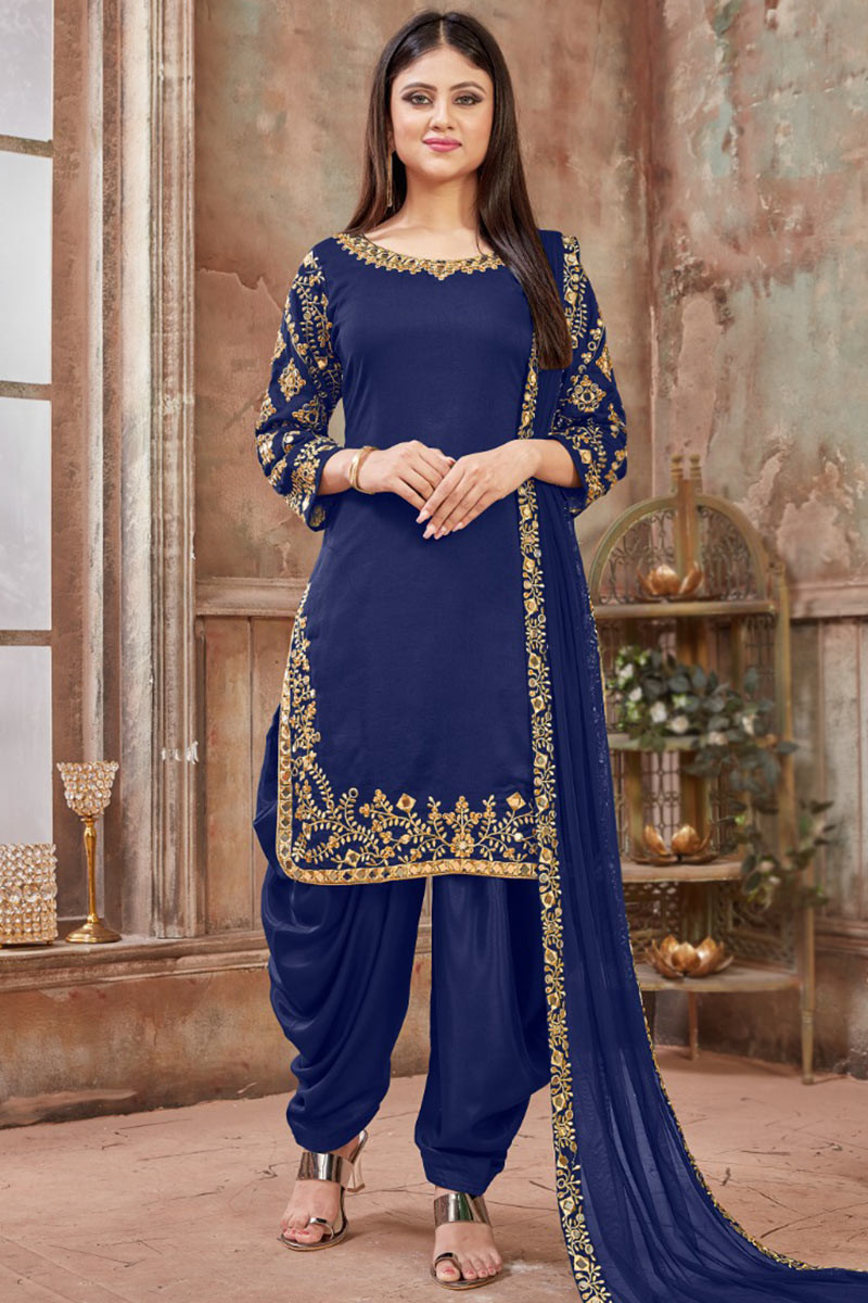 Special Offer Mirror Work Embroidered Sea Blue Patiala Suit LSTV114325
