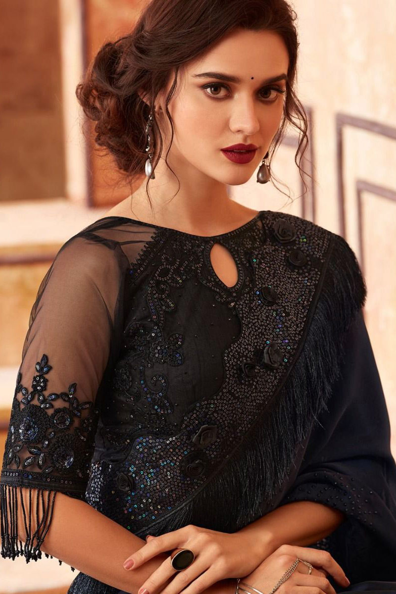 Buy Navy Blue Georgette Saree With Net Blouse Online - SARV03309 | Andaaz  Fashion