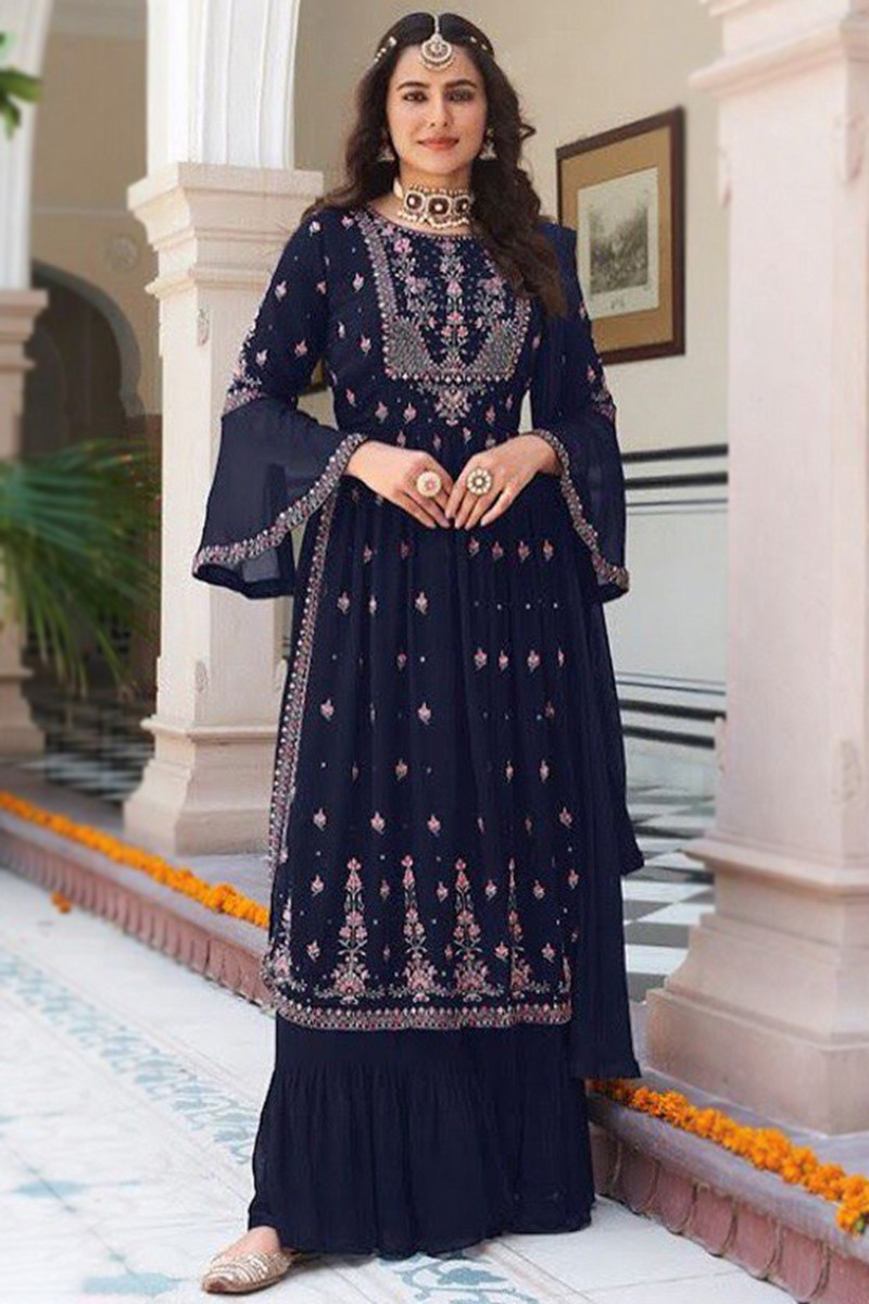 Embroidered Navy Blue Sharara Suit LSTV119881