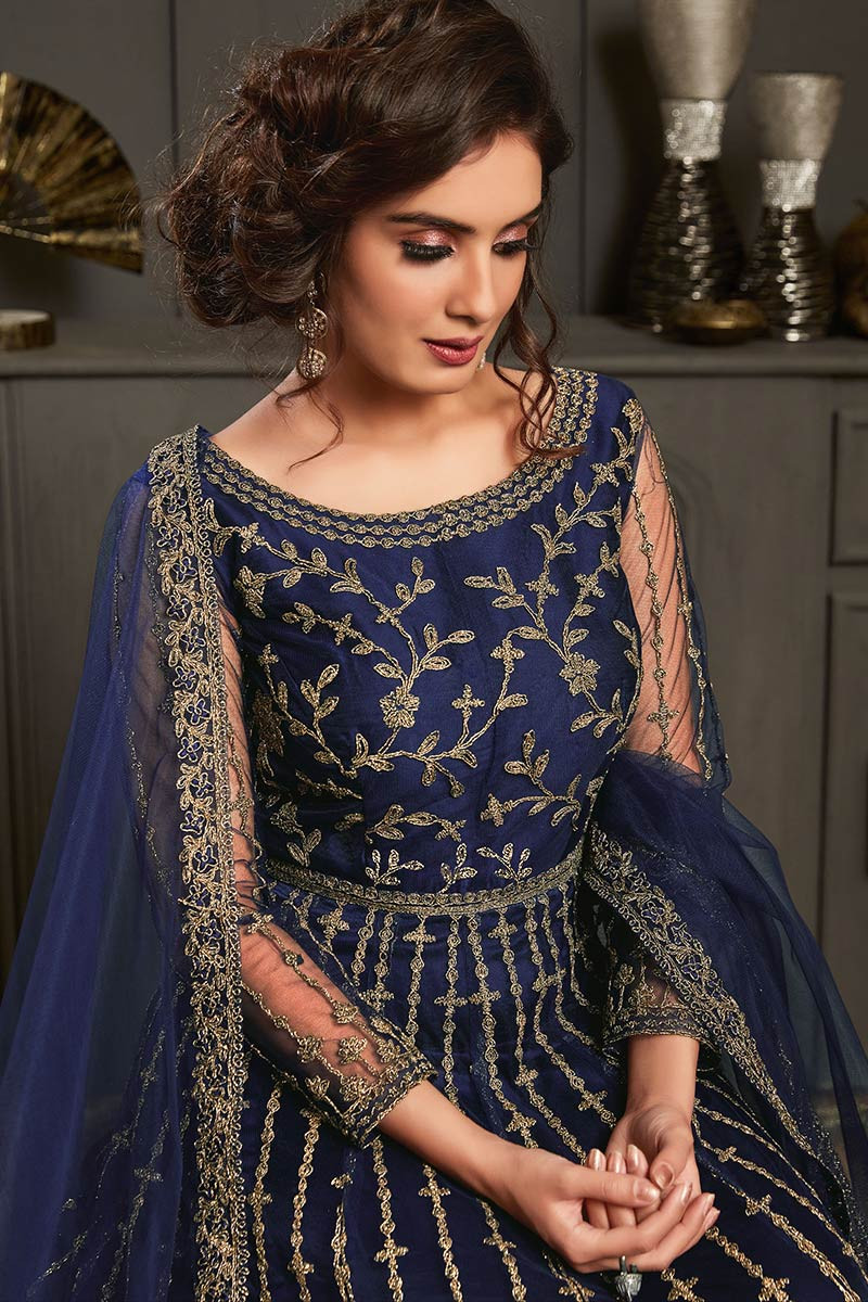 Suit  Navy Blue Frock Style Full Sleeve Georgette Anakali Suit    Amazonin Fashion