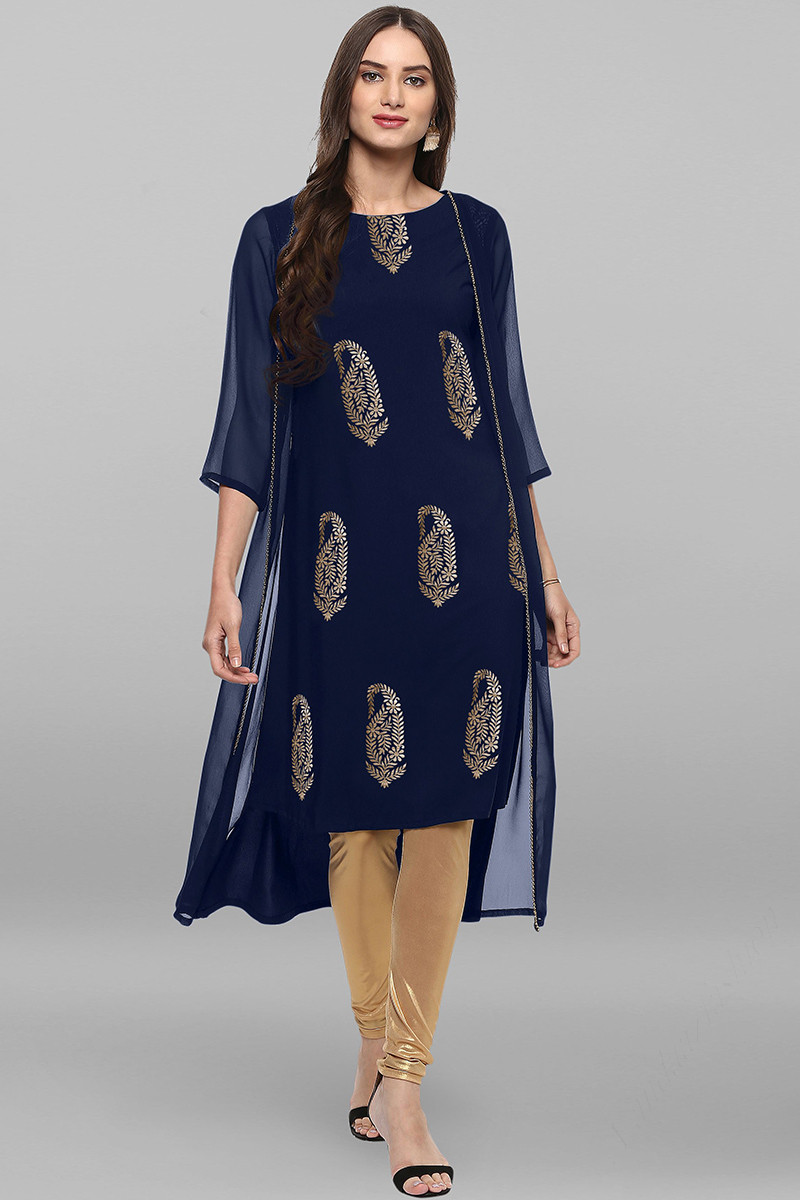 Navy Blue Embroidered Poly Cotton Kurti