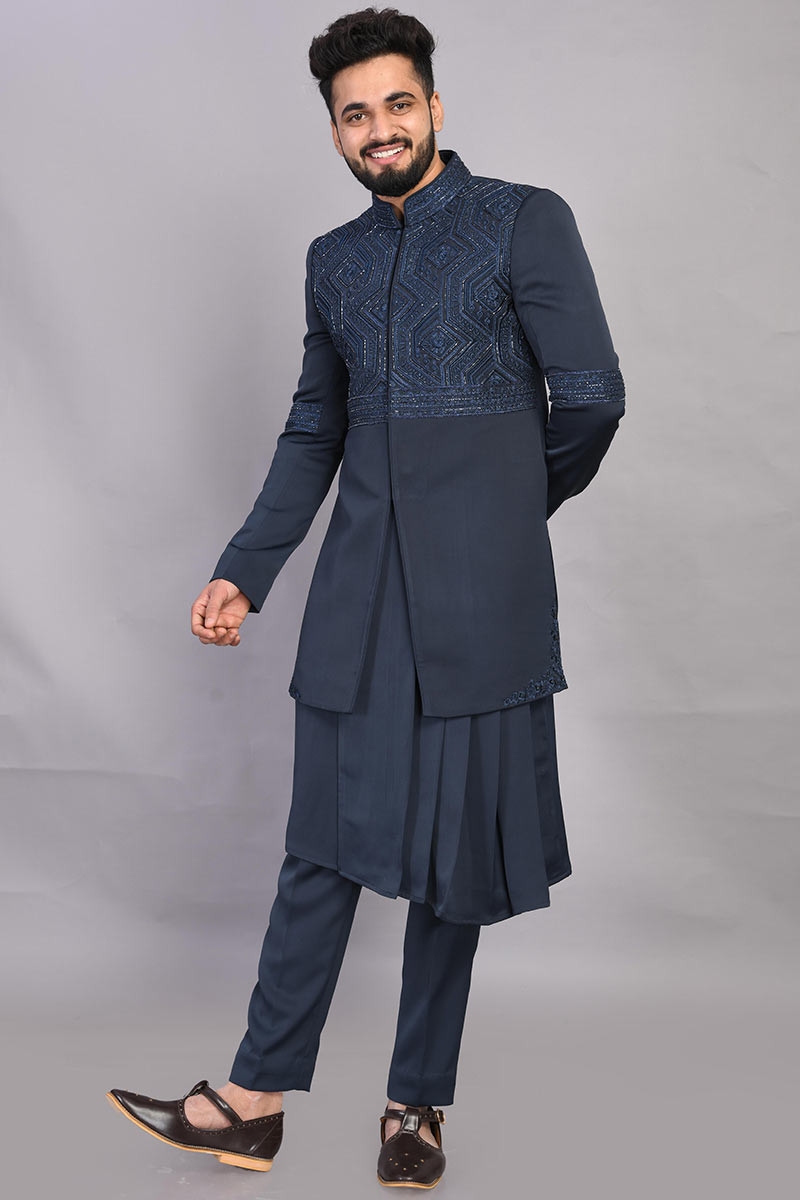 Great Deals Men Kurta Pajama in Navy Blue Fabric With Embroidered ...