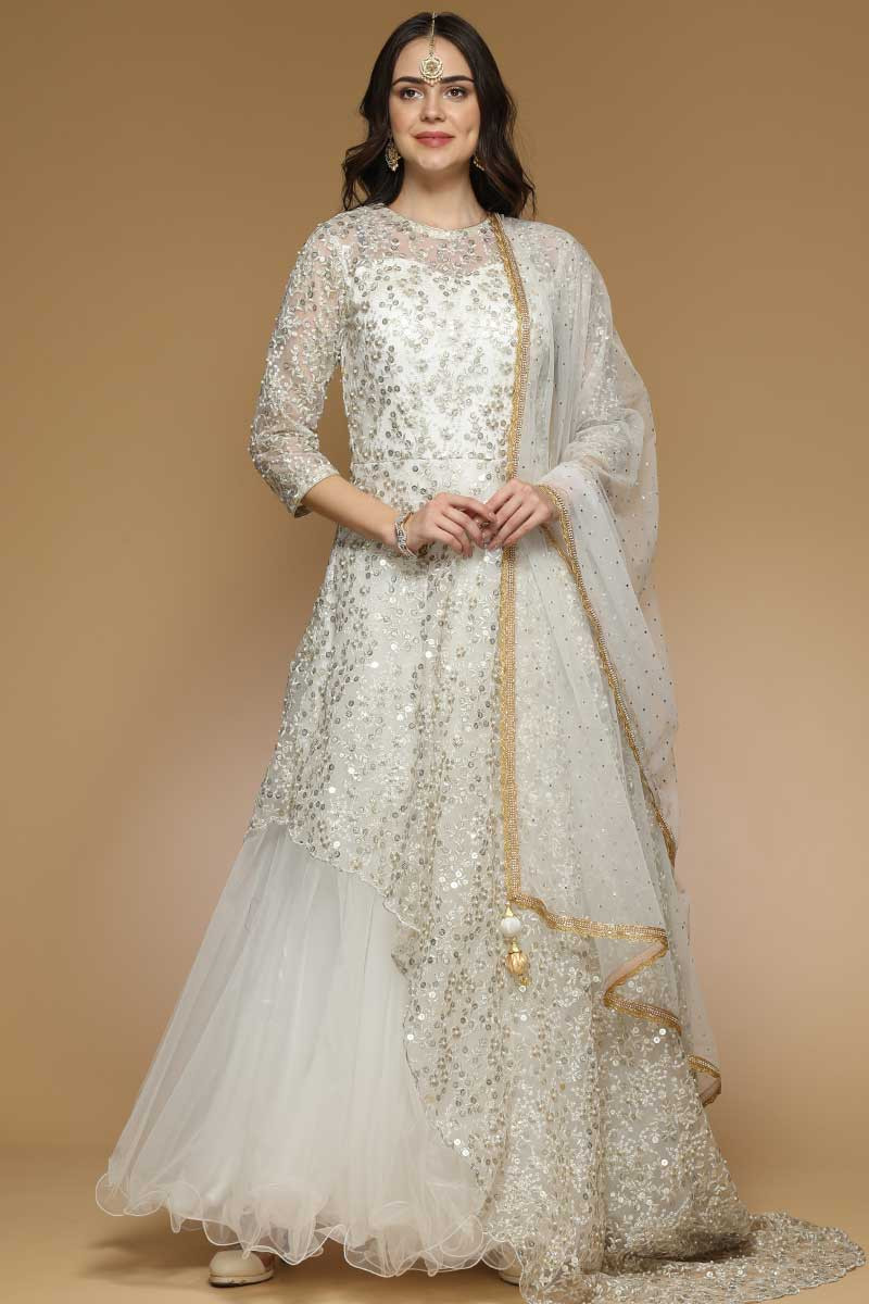 Buy Net Anarkali Gown In White Color 