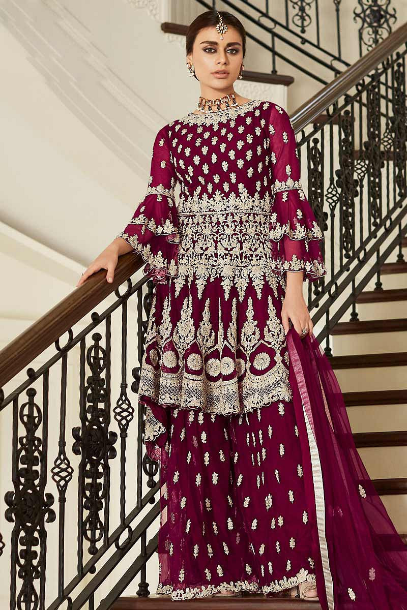 Buy Net Dark Magenta Sharara Suit With