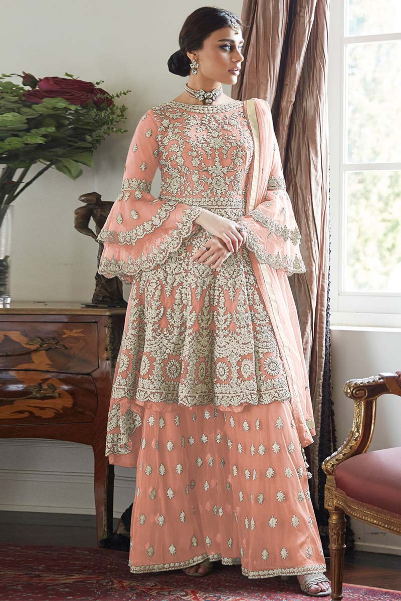 Buy Net Embroidered Sharara Suit In Dusty Peach Colour Online - LSTV04473 | Andaaz Fashion
