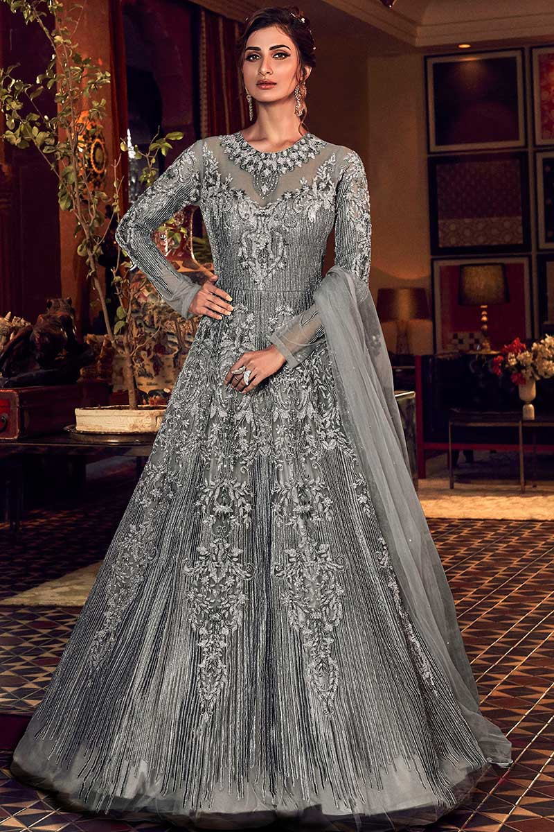 Party Wear Anarkali Suit In Grey Colour