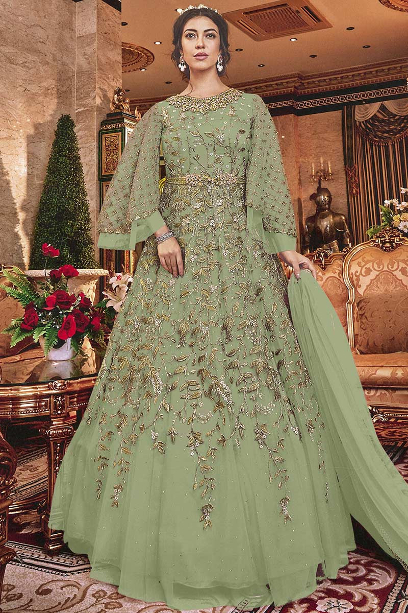 Buy Green Sequins Georgette Ready-Made Gown Online At Zeel Clothing