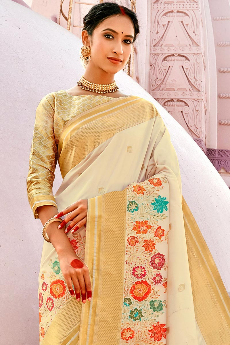 Off-White Banarasi Silk Saree with Meenakari Mirror & Bead Work main image 1