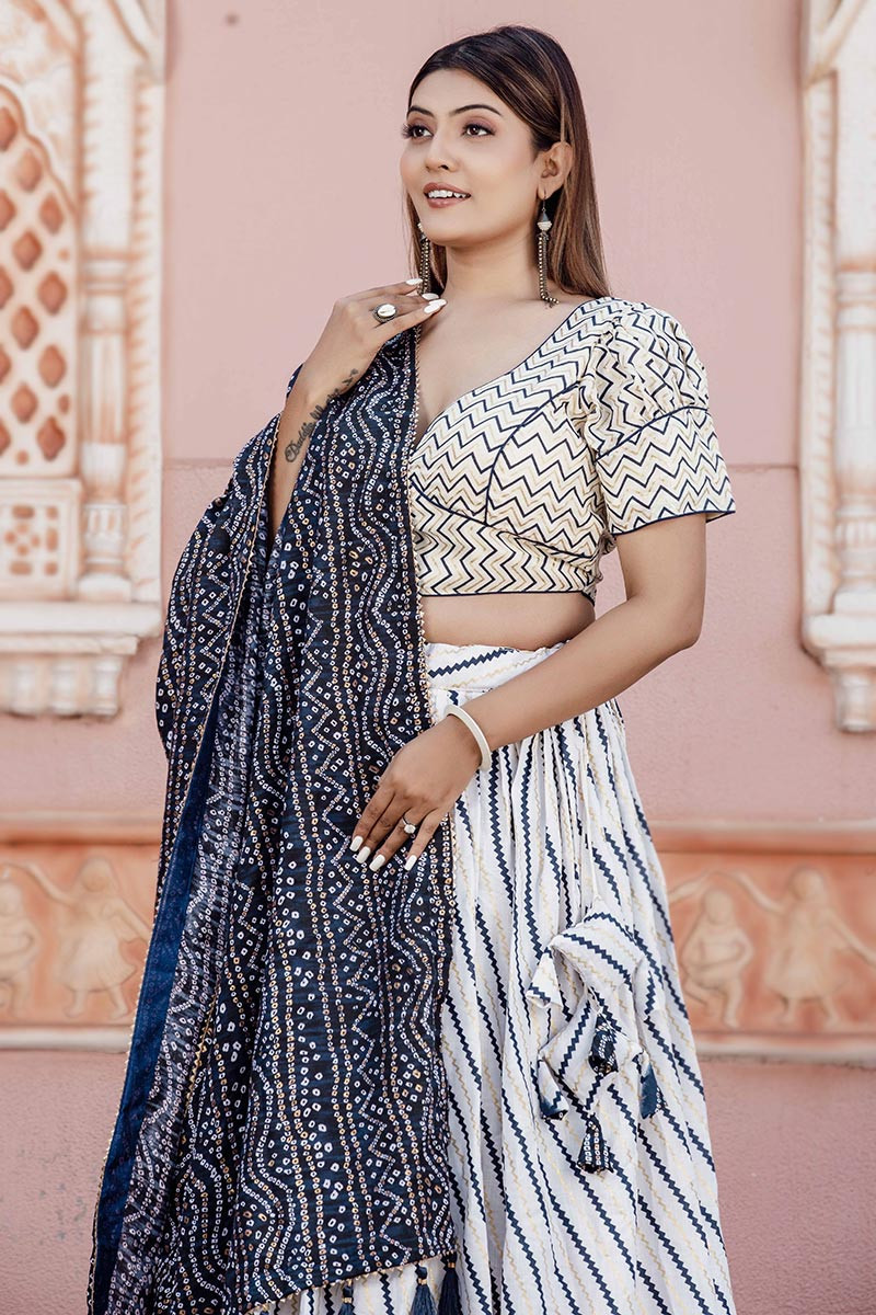 White & Navy Blue Cotton Lehenga In Digital Print 2528LG05