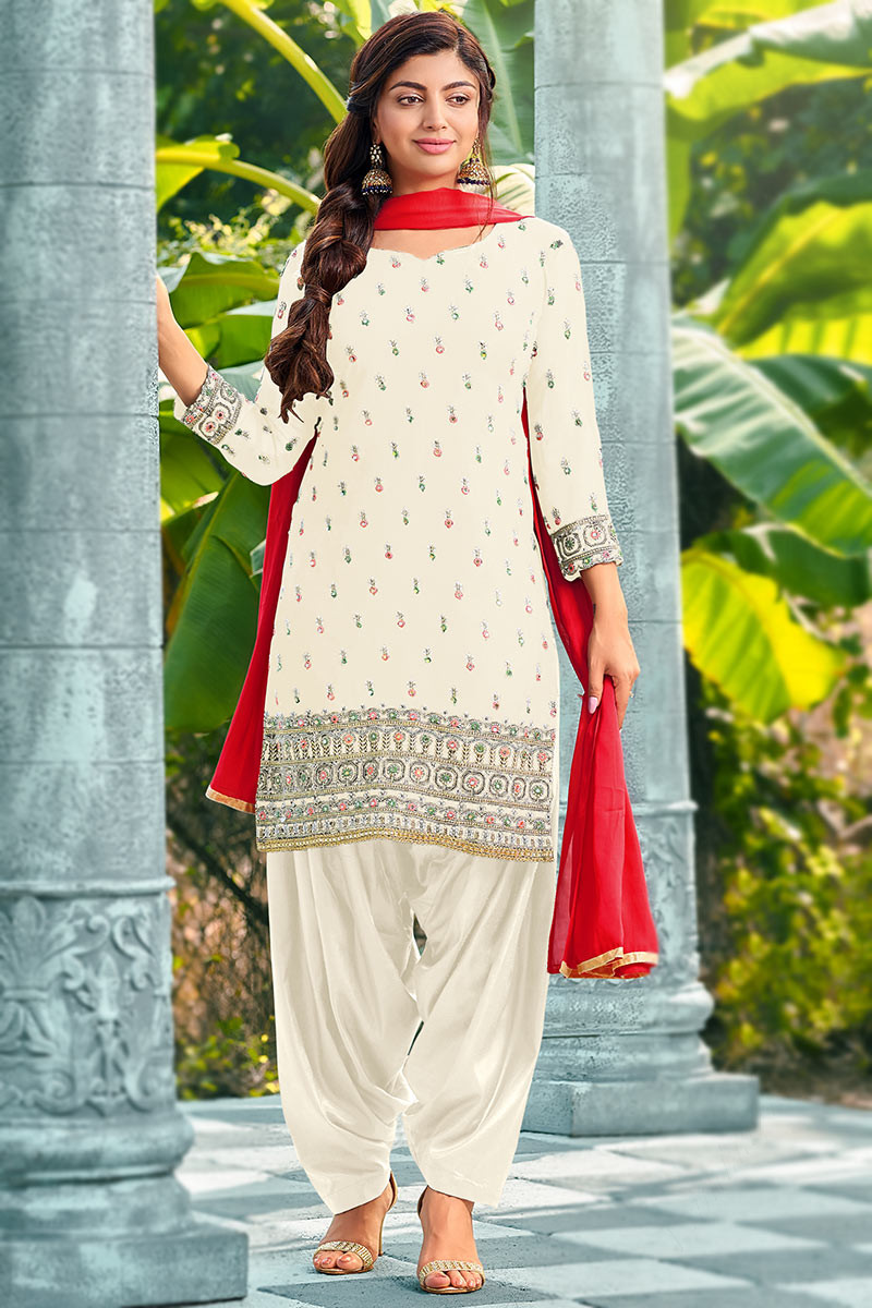 Buy Festival Wear Off White Georgette Embroidered Patiala Suit ...