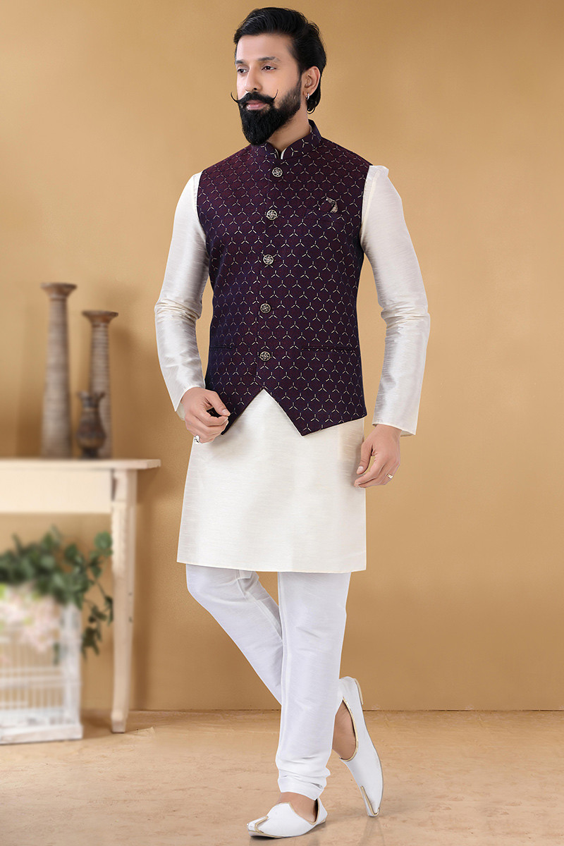 Silk Cream Color Wedding Wear Readymade Designer Men Kurta Pyjama With Modi  Jacket