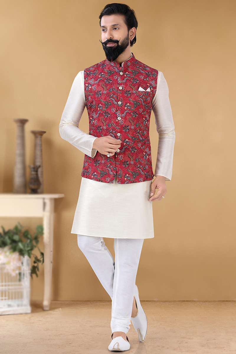 Buy Off White Silk Jacket Style Men's Kurta With Churidar MKPA02122