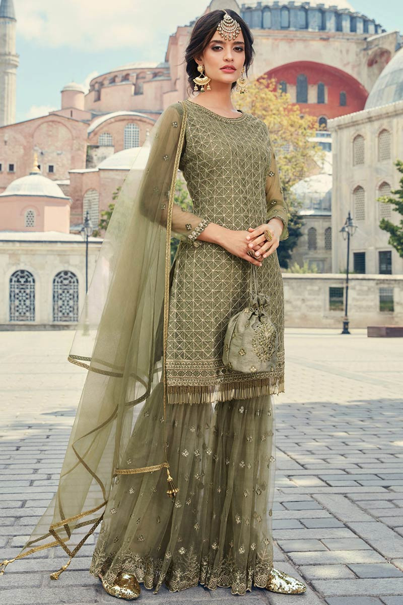 Buy Olive Green Net Sharara Suit With Dori Work Online Lstv04463 Andaaz Fashion
