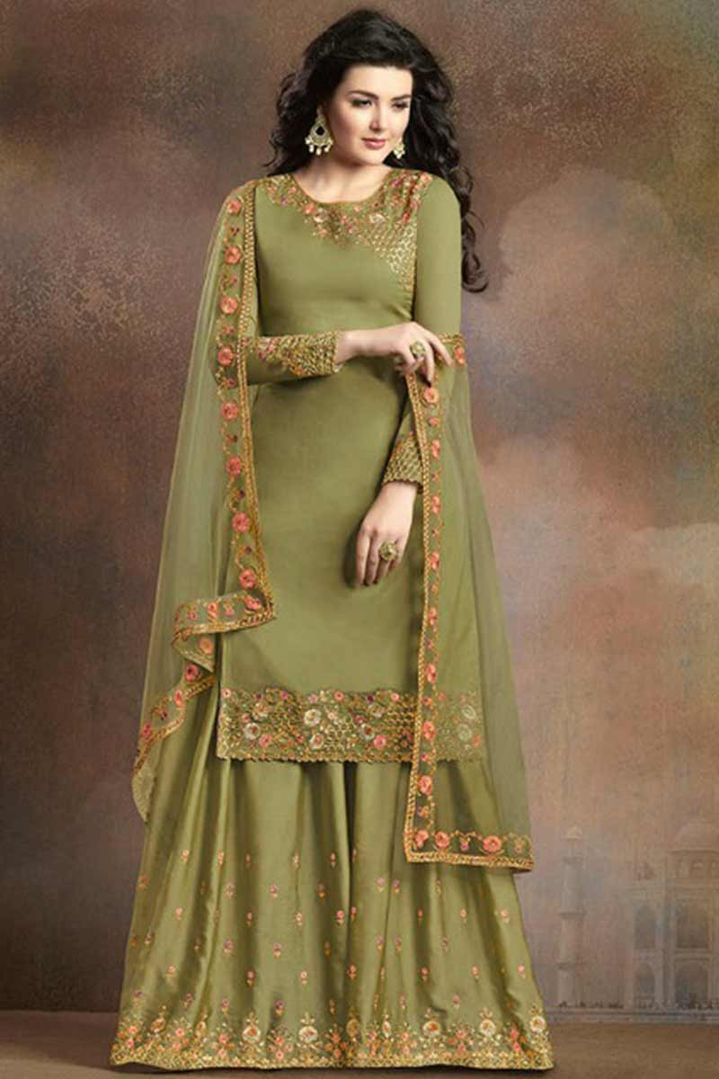 Buy Olive Green Silk Sharara Suit With Resham Work Online Lstv03218 Andaaz Fashion