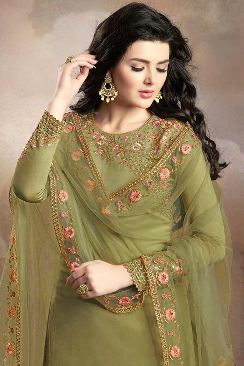 Buy Olive Green Silk Sharara Suit With Resham Work Online Lstv03218 Andaaz Fashion