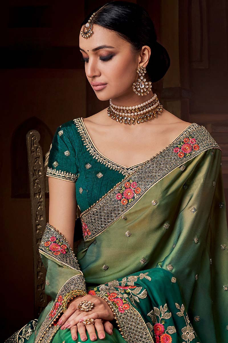 Buy Ombre Green Silk Saree With Raw Silk Blouse Online - SARV02598 ...