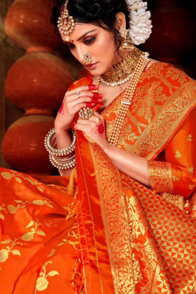 Buy Wedding Wear Traditional Indian Looks Orange Banarasi Silk Saree Online  From Wholesalez.