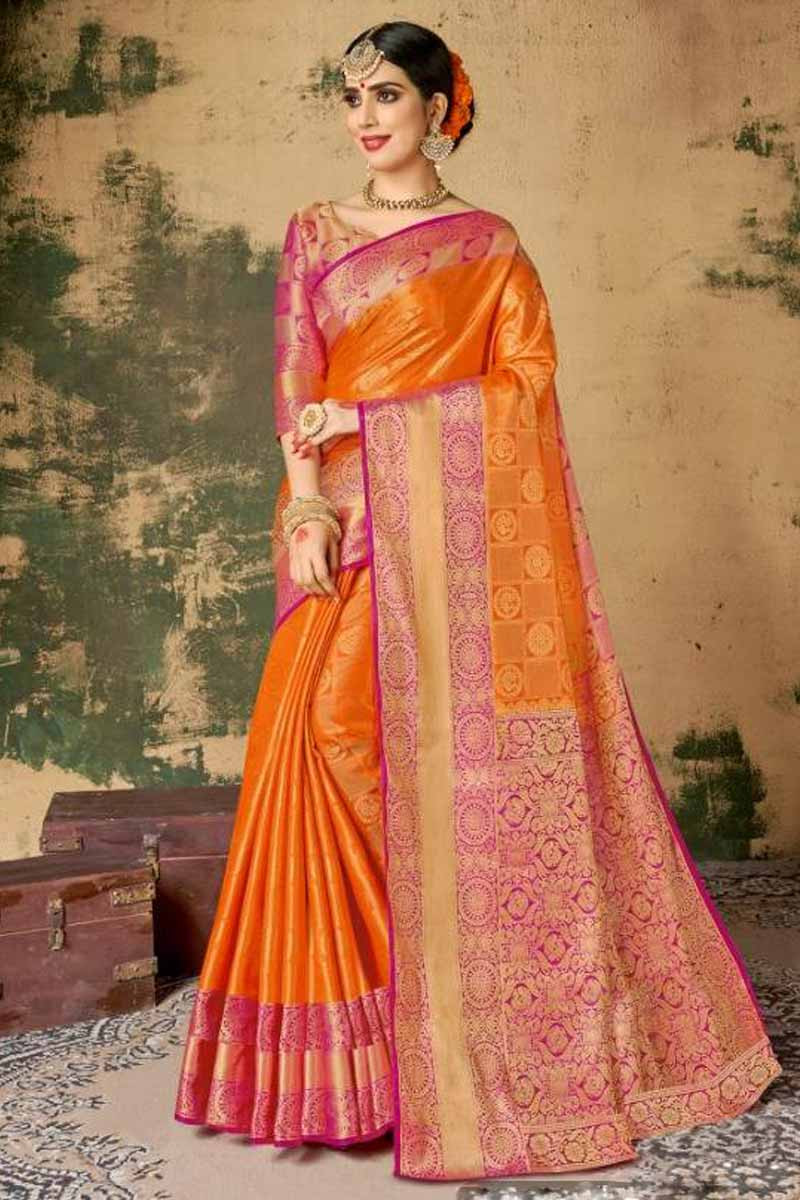 Buy Orange Banarasi Silk Saree With Silk Blouse Online - SARV01908 | Andaaz  Fashion