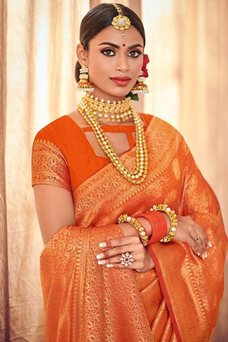 Buy Orange and Magenta Dual-Tone Kanjeevaram Silk Saree For Women Online