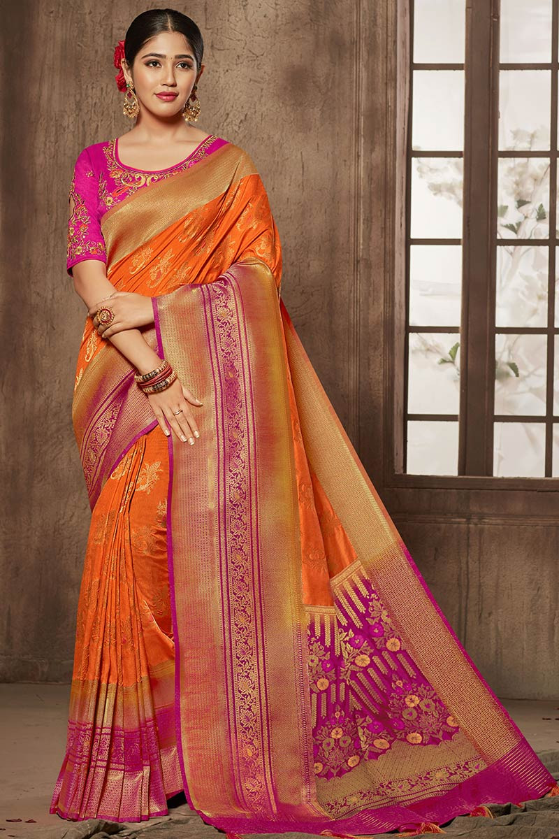 Buy Orange Bhagalpuri Silk Saree With Silk Blouse Online - SARV03341 | Andaaz Fashion