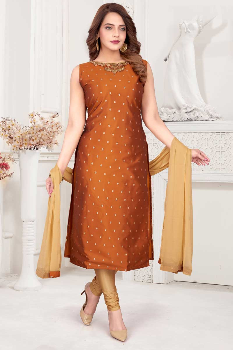 Fashionable Churidar Suit In Orange Poly Silk Fabric LSTV111408