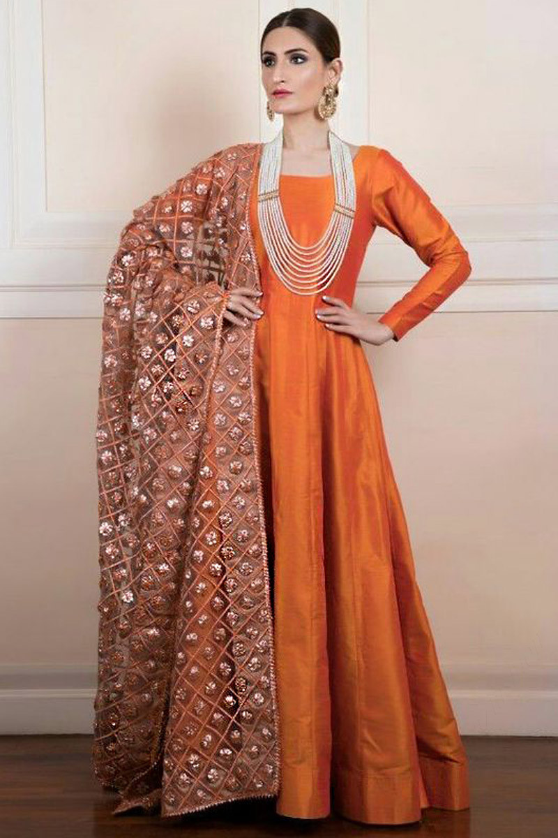 Latest Fashion Anarkali Suit in Orange Embroidered Fabric LSTV113859