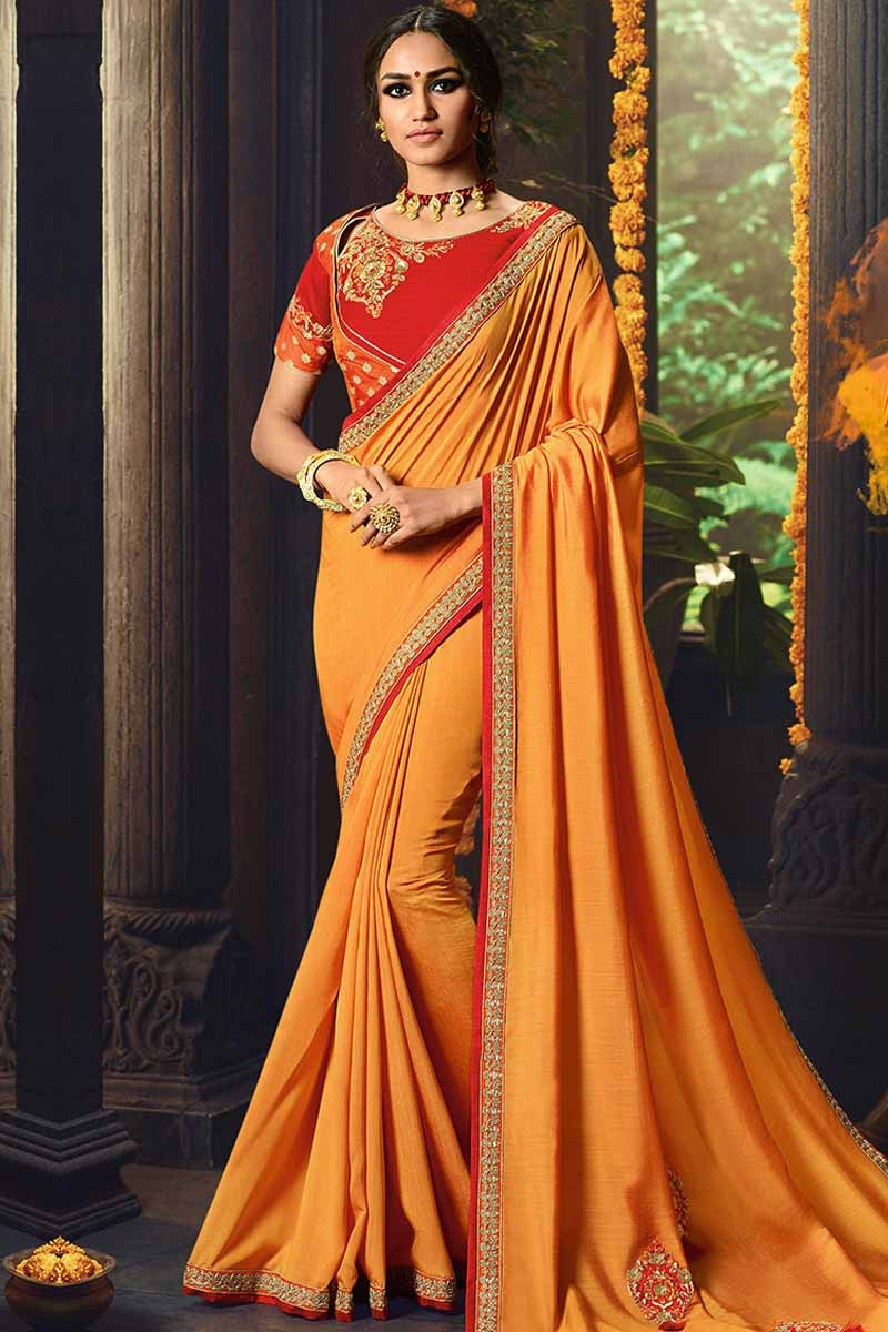 Buy Saree Orange Silk Diwali Saree Round Neck Online Sarv01071 Andaaz Fashion