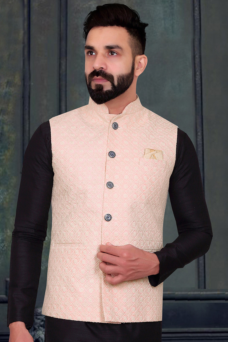 Cheap Fashion Lucknowi Embroidered Pale Pink Men Waist Coat MWCV075