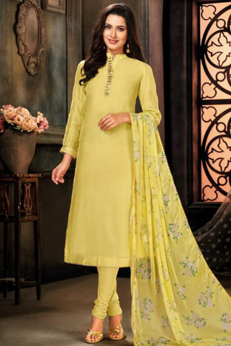 Trending Lace Embroidered Pale Yellow Churidar Suit LSTV07253