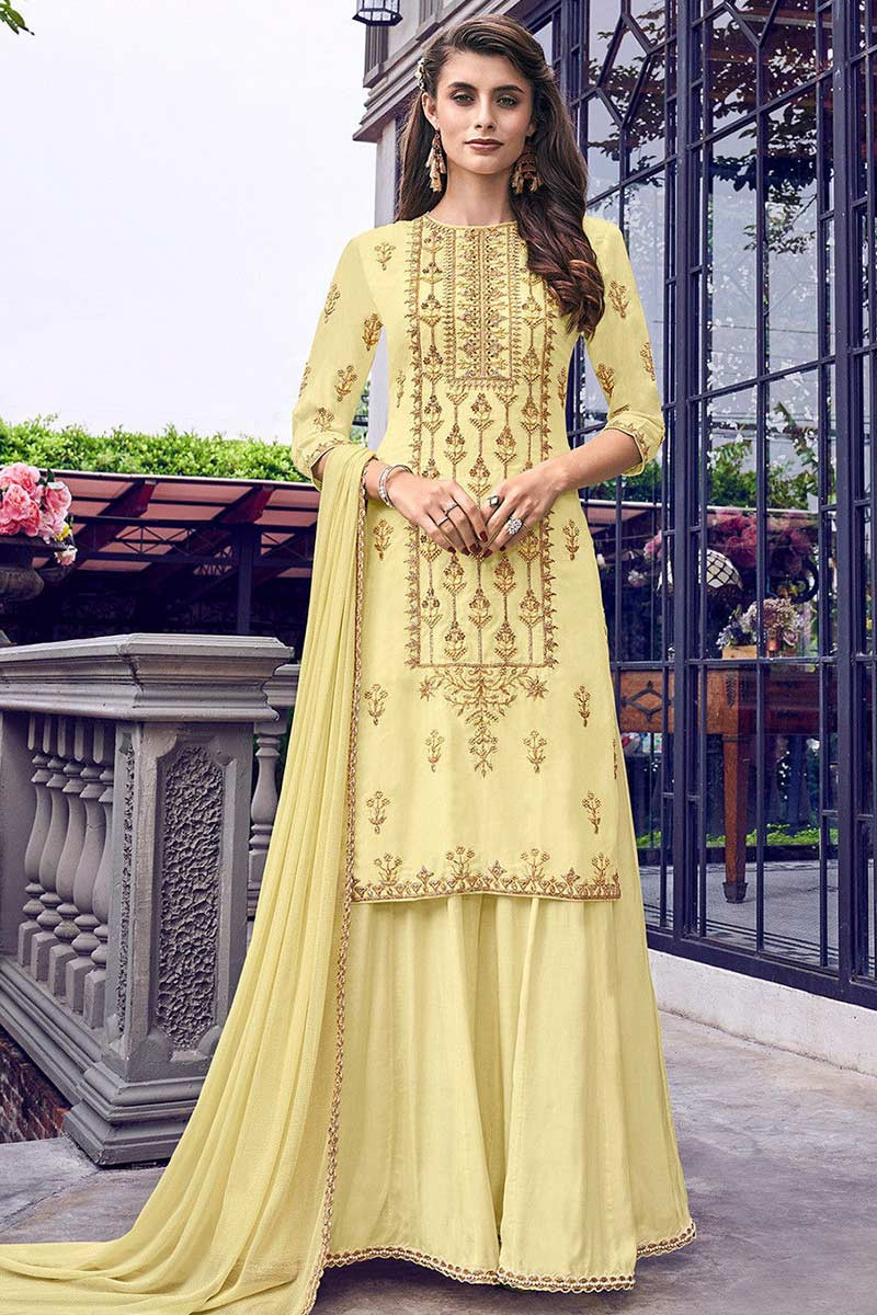 Buy Pale Yellow Silk Sharara Suit With
