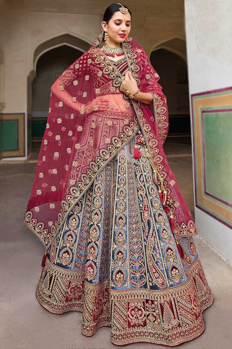 Readymade Collection Pastel Dark Blue Velvet Embroidered Bridal Lehenga  LLCV113306