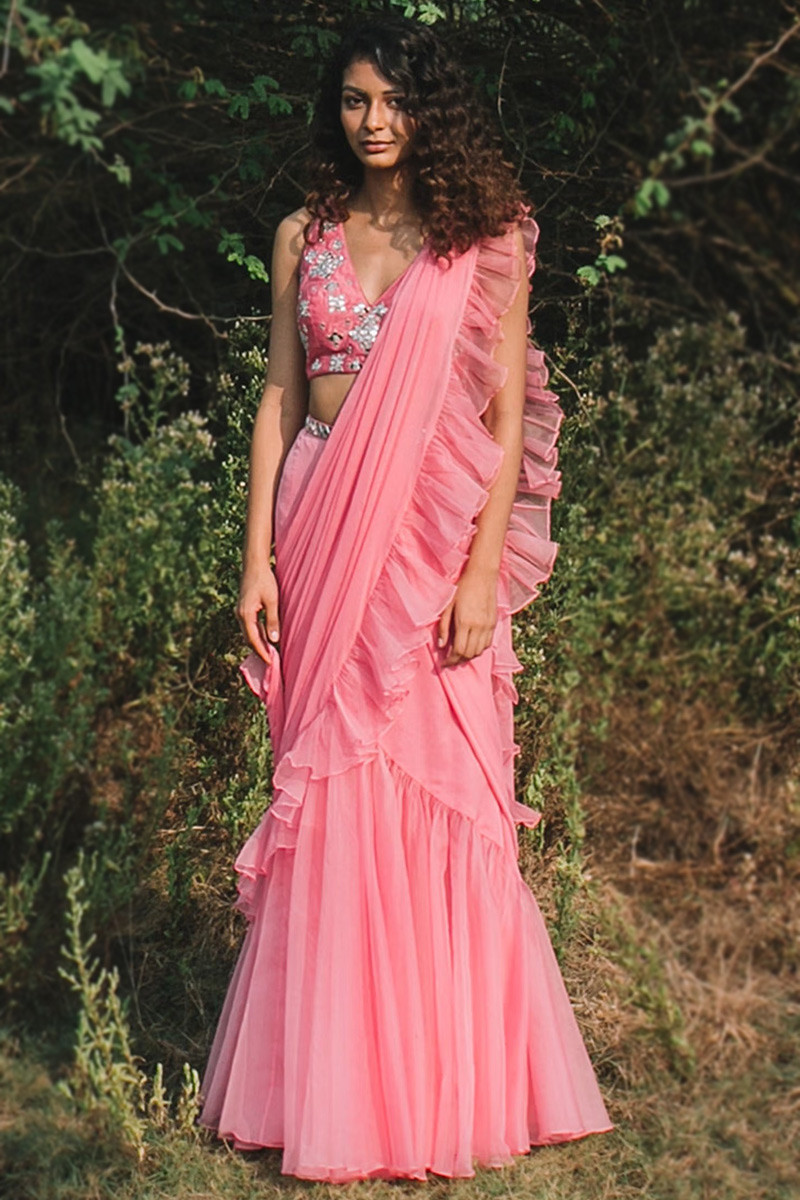 Pink Solid Ruffled Pre-Stitched Saree - Absolutely Desi